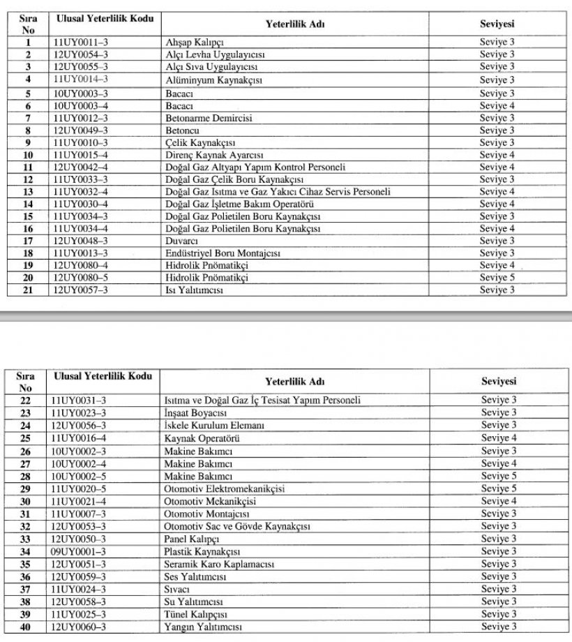 MESLEKÎ YETERLİLİK KURUMU MESLEKÎ YETERLİLİK BELGESİ ZORUNLULUĞU GETİRİLEN MESLEKLERE İLİŞKİN TEBLİĞ