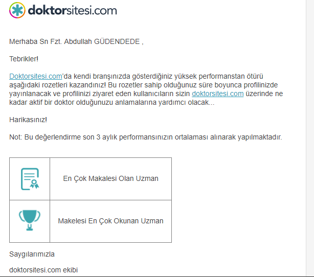 doktorsitesi.com dan En çok Makalesi Okunan Uzman Ödülü