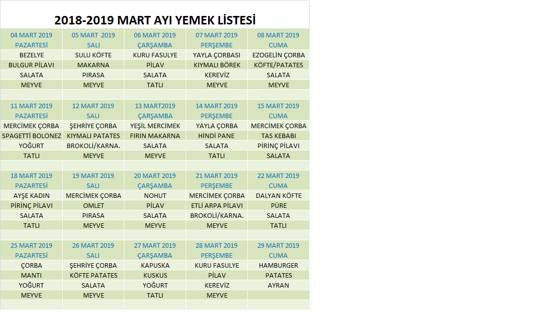Şubat Ayı Yemek Menüsü