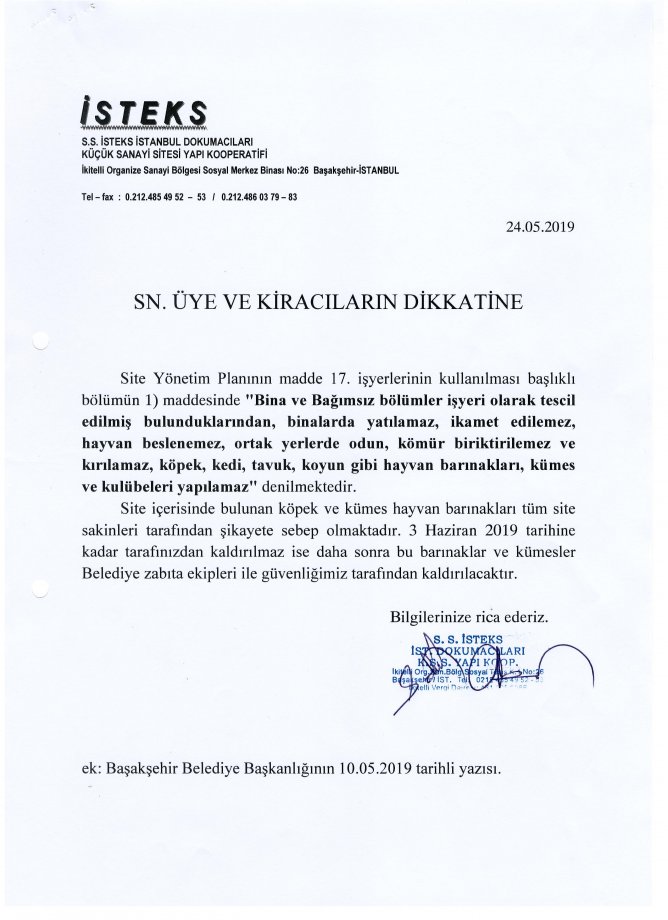 24.05.2019 TARİHLİ SİTE İÇİNDE HAYVAN BESLENEMEYECEĞİ HAKKINDA