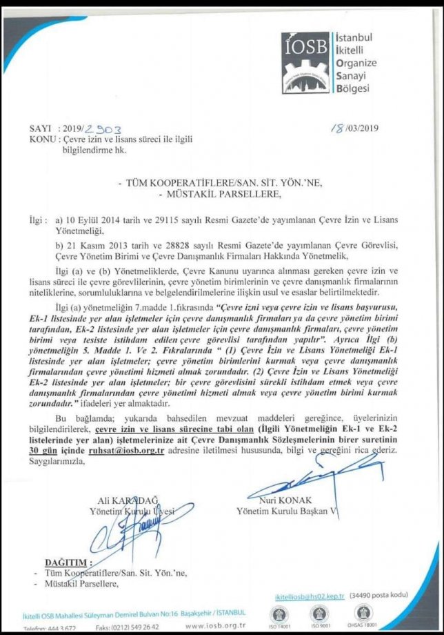 12.06.2019 İKİTELLİ ORGANİZE SANAYİ BÖLGESİ BAŞKANLIĞININ 2019/2903 SAYILI ÇEVRE İZİN VE LİSANS SÜRECİ BAŞLIKLI YAZISI HK.