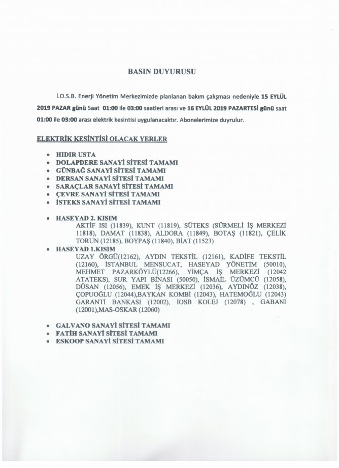 15.09.2019 TARİHLİ ELEKTRİK KESİNTİSİ HK.
