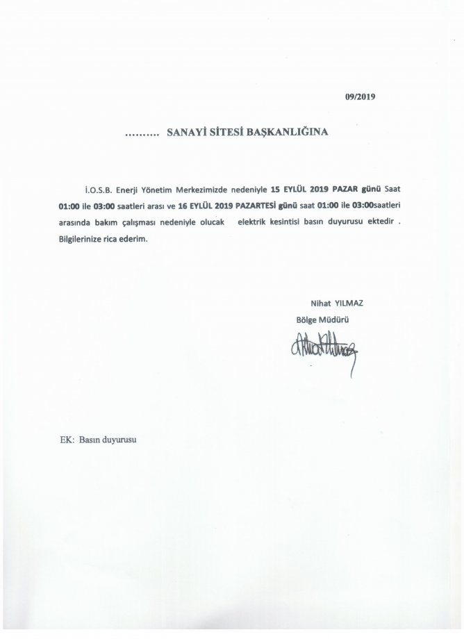 15.09.2019 TARİHLİ ELEKTRİK KESİNTİSİ HK.
