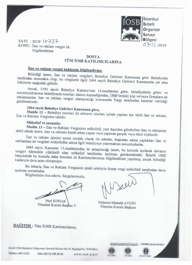 13.11.2019 İLAN VE REKLAM VERGİSİ HK. BİLGİLENDİRME