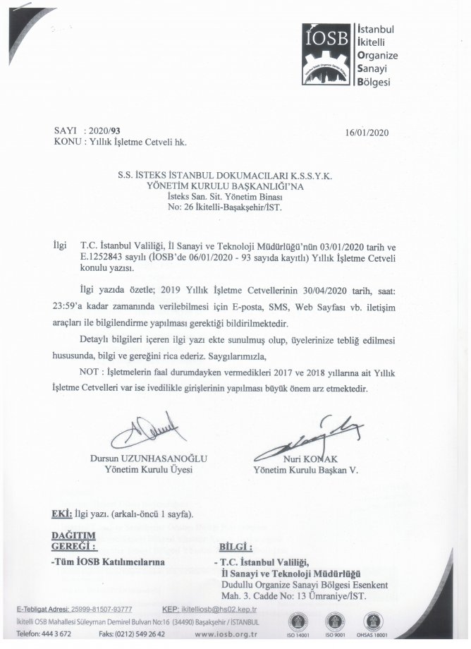 16.01.2020 YILLIK İŞLETME CETVELİ HK. 