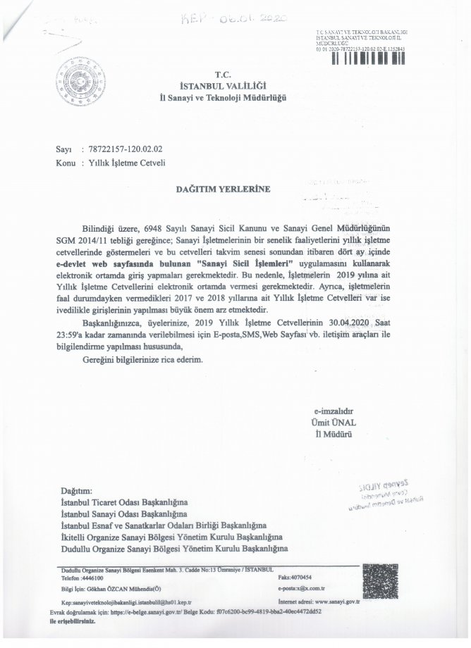 16.01.2020 YILLIK İŞLETME CETVELİ HK. 