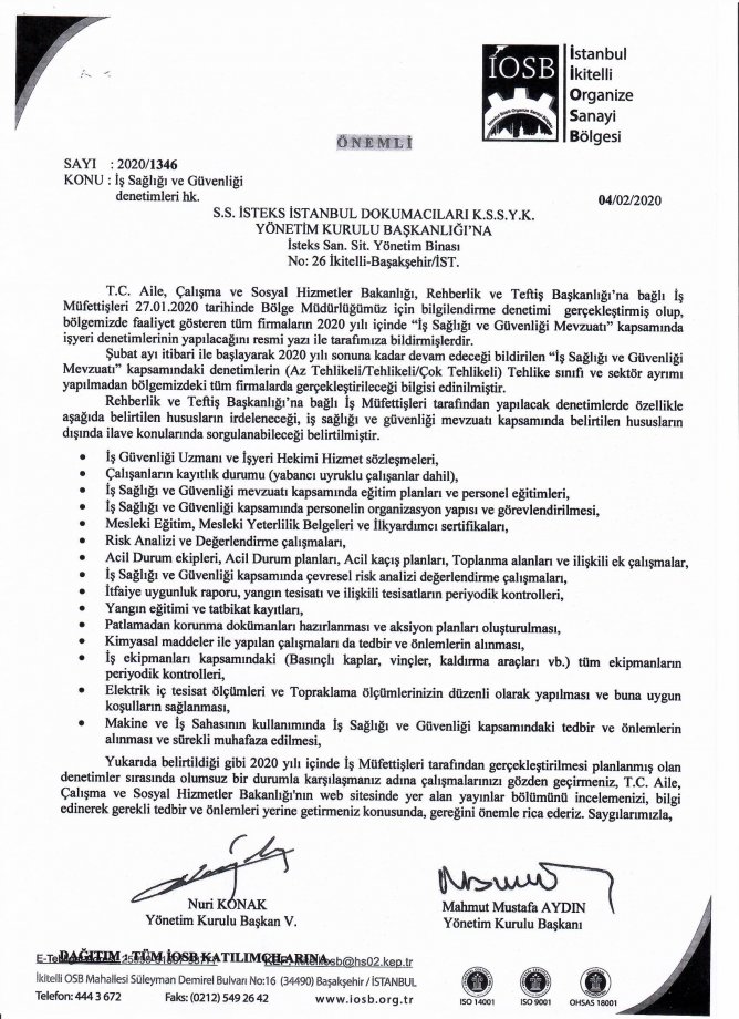 04.02.2020 İŞ SAĞLIĞI VE GÜVENLİĞİ DENETİMLERİ HK.