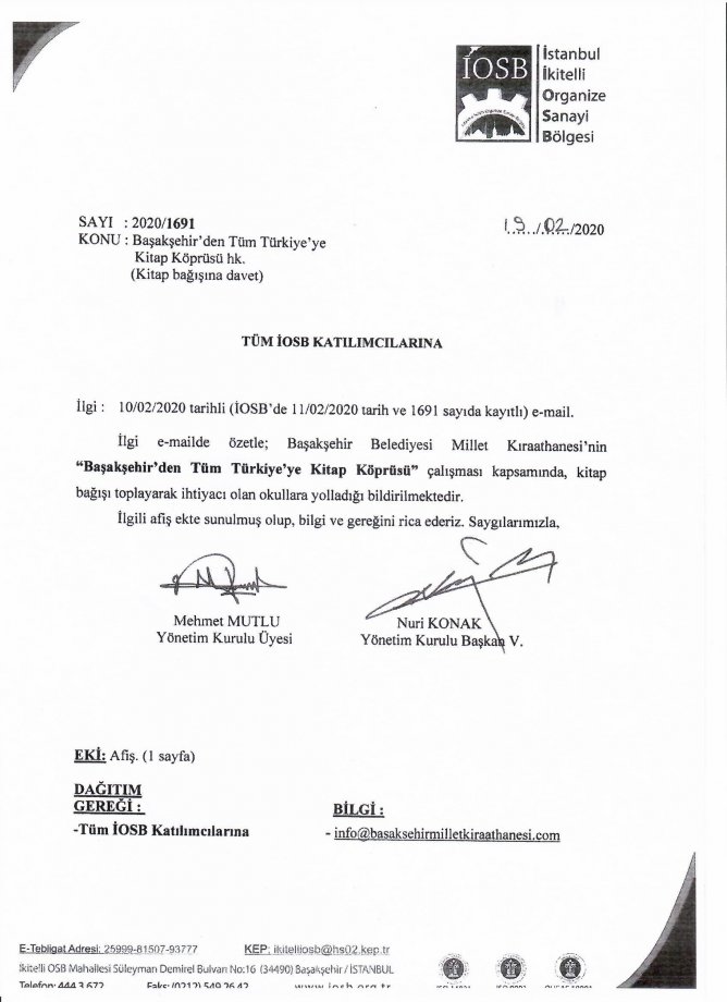 19.02.2020 BAŞAKŞEHİR'DEN TÜM TÜRKİYE'YE KİTAP KÖPRÜSÜ HK.