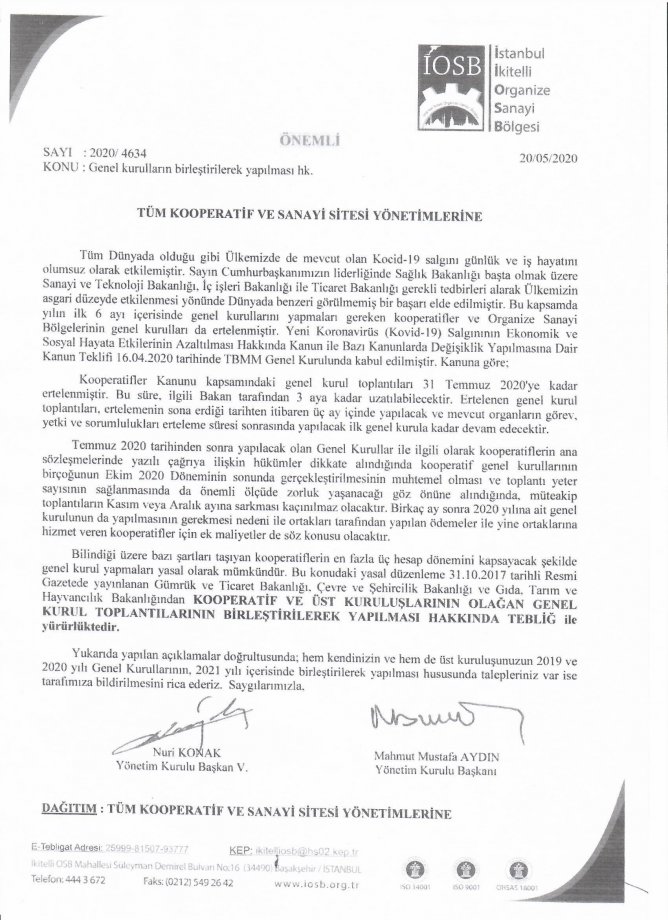 GENEL KURULLARIN BİRLEŞTİRİLEREK YAPILMASI HK.