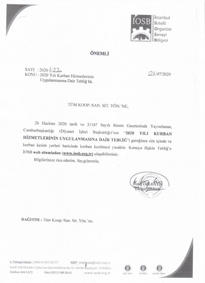 2020 YILI KURBAN HİZMETLERİNİN UYGULANMASINA DAİR TEBLİĞ HK.