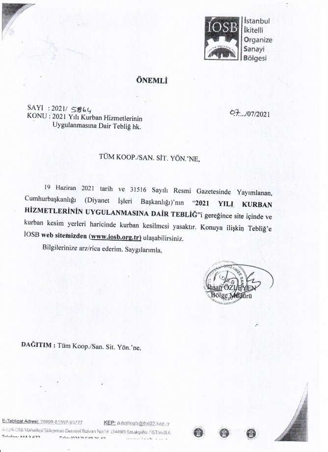 2021 YILI KURBAN HİZMETLERİNİN UYGULANMASINA DAİR TEBLİĞ HK.