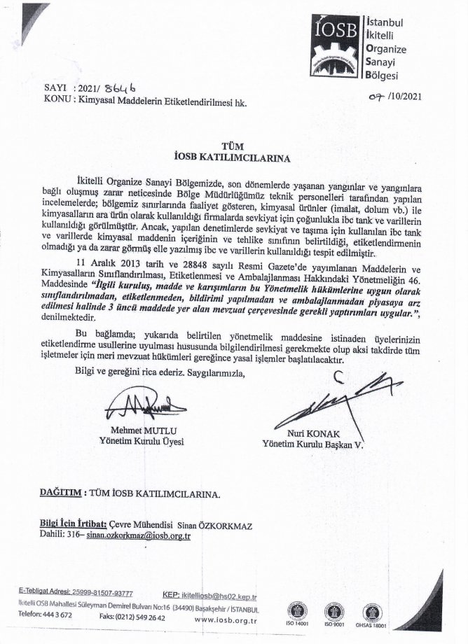 KİMYASAL MADDELERİN ETİKETLENDİRİLMESİ HK.