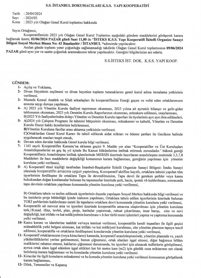 2023 YILI OLAĞAN GENEL KURUL TOPLANTI GÜNDEMİ